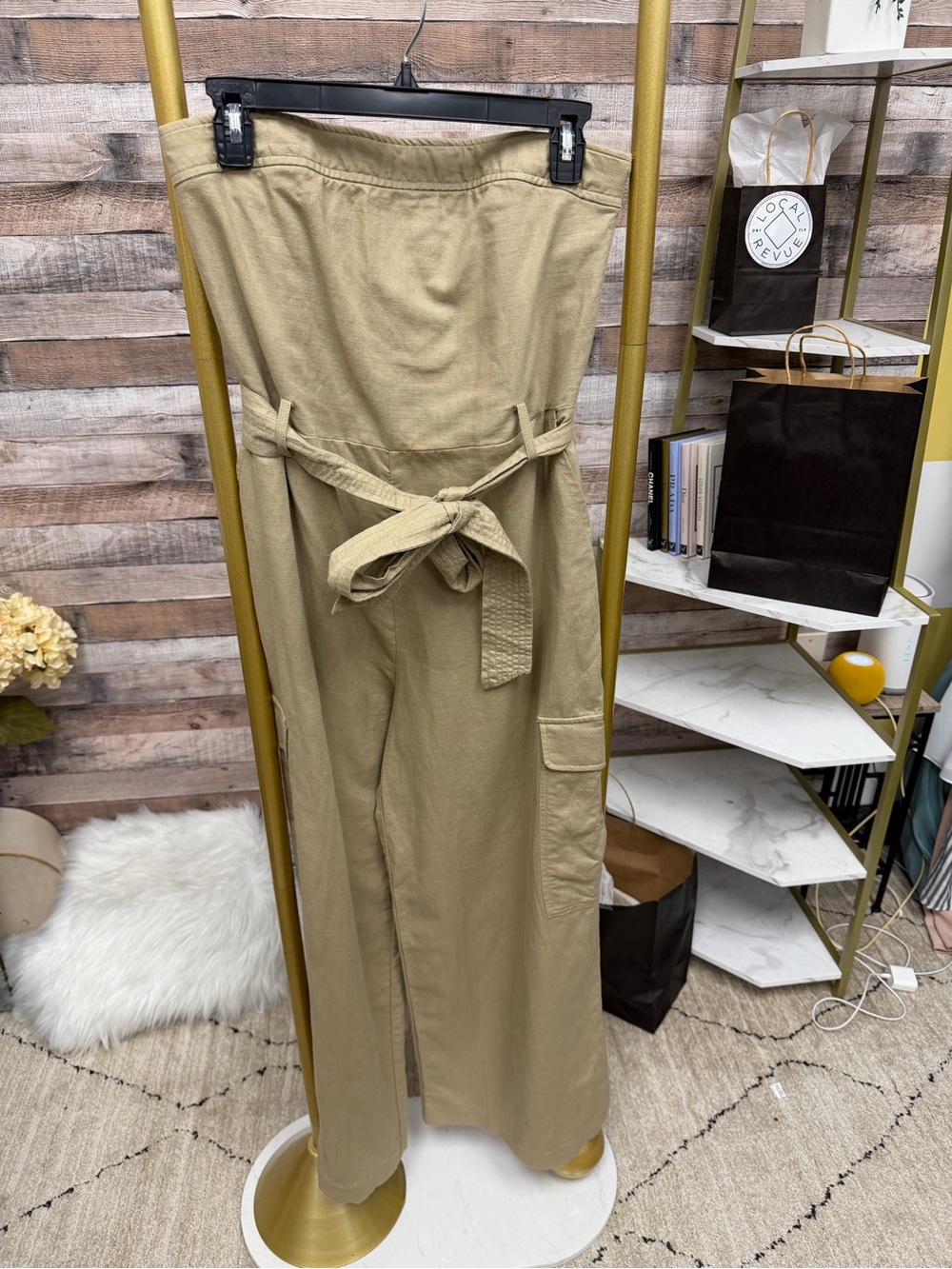 GAP Strapless Tan Cargo Pocket Tie Waist Jumpsuit